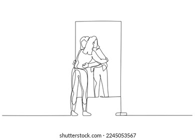 Cartoon of business woman hugging own reflection on the mirror concept of self love. Single line art style