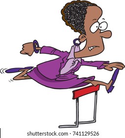 cartoon business woman jumping over a track and field hurdle