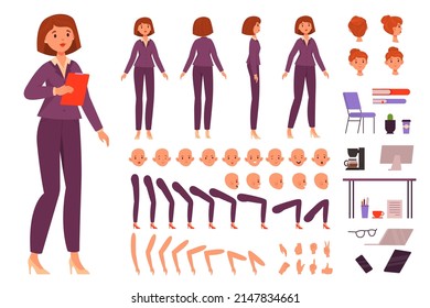 Kit para mujeres de negocios de caricaturas. Carácter femenino, traje de oficina estricto, partes del cuerpo separadas en diferentes posiciones, diversas emociones, poses constructoras, objetos interiores de oficina y conjunto de herramientas vectoriales