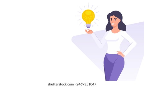 Cartoon business woman light bulb innovation idea quick tips banner design template vector flat illustration. Smiling female character creative brainstorming solution imagination inspiration decision