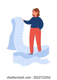 Cartoon business woman looking through giant to do list. Flat vector illustration. Female business person checking long shopping list or payment bill. Document, business, work, management concept