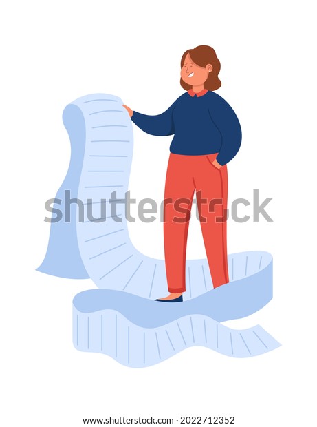 Cartoon business woman looking through giant to\
do list. Flat vector illustration. Female business person checking\
long shopping list or payment bill. Document, business, work,\
management concept