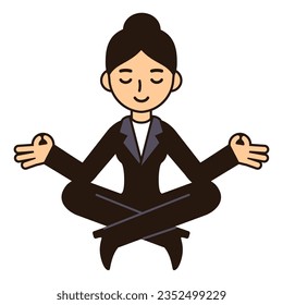 Cartoon business woman meditating in lotus pose. Cute vector clip art illustration, isolated on white background.