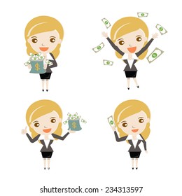 Cartoon business woman with money finance concept. vector design illustration.