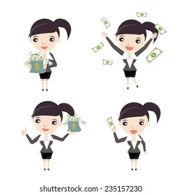 Cartoon business woman with money finance concept. vector design illustration.