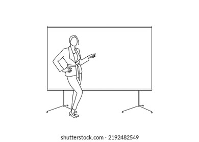 Cartoon Of Business Woman Near The Whiteboard Points To The Copy Space, Showing Presentation. One Line Art
