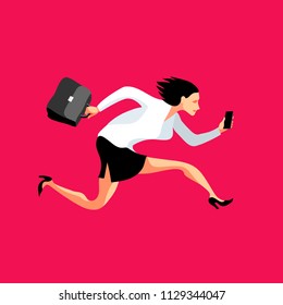 Cartoon business woman, office worker or banker running with mobile phone and briefcase. Vector illustration