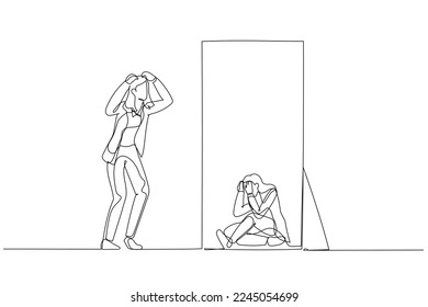 Cartoon business woman panic look into mirror seeing depressed self  Single line art style