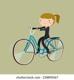 cartoon  business woman riding bicycle. office worker bike to work. vector illustration