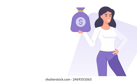 Cartoon business woman with sack cash money dollar banner design template vector flat illustration. Smiling female character financial banking commercial wealth profit richness salary earnings