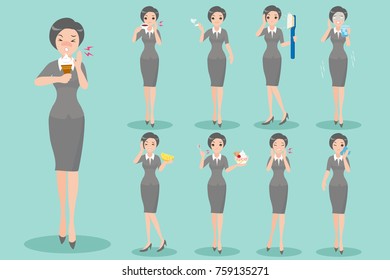 cartoon business woman with sensitive tooth on the green background