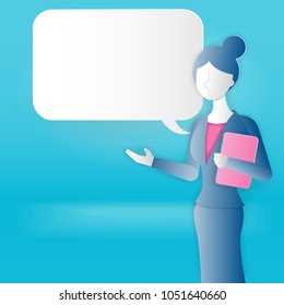 cartoon business woman with speech bubble on the blue background