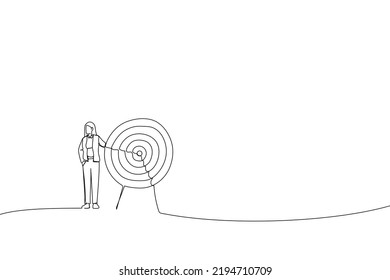 Cartoon of business woman standing next to a huge target with a dart in the center, arrow in bullseye. Metaphor for reaching goals and objective. Continuous line art
