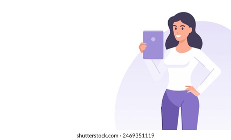 Cartoon business woman with tablet pc social media marketing banner design template vector flat illustration. Smiling female character use digital technology internet online communication service