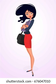 Cartoon business woman or teacher character with folder for papers and handbag posing. Vector illustration.