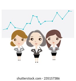Cartoon business woman team standing on profit  graph background. vector design illustration.