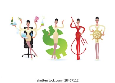 A cartoon business Woman in a variety of poses with some attribute of different work