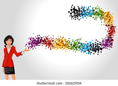 Cartoon business woman with a wave of colorful dots