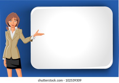 Cartoon business woman and white billboard with empty space. Presentation screen.