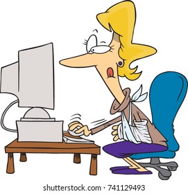 cartoon business woman working at a desk on her computer with a broken arm