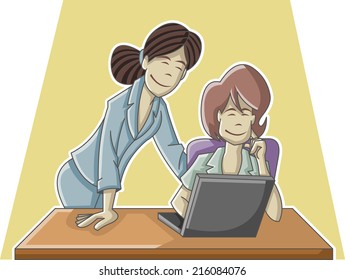 Cartoon business woman working on office computer