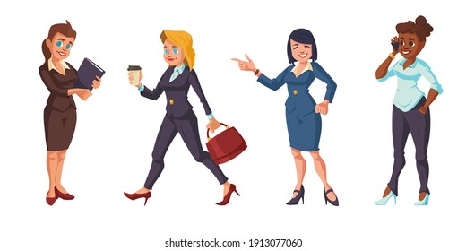 Cartoon business women isolated on white background. Young multiracial female characters wearing formal suits holding briefcase, coffee, speak by mobile, office workers vector people illustration set