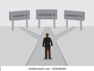 Cartoon business worker stands in the middle of cross roads leading to sign of companies. Vector cartoon illustration on job or career decision concept.