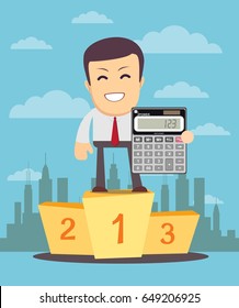 Cartoon businessman or accountan stands on a pedestal and showing an electronic desktop calculator . Use as business presentation, financial report or advertisement design