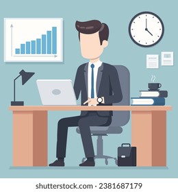 cartoon businessman admin working on his desktop flat vector illustration.