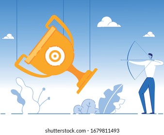 Cartoon Businessman Aiming With Bow At Target On Gold Trophy Cup. Reaching Financial Goals. Business Aim. Reward Competitions. Targeting And Marketing. Smart Solution. Vector Flat Illustration