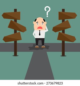 Cartoon businessman with the alternative choice  standing at the Crossroads. vector illustration.