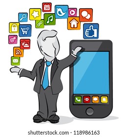 Cartoon of a businessman with apps for smartphone.