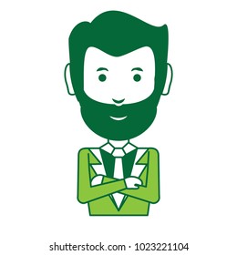 cartoon businessman with arms crossed over white background, green shading design. vector illustration