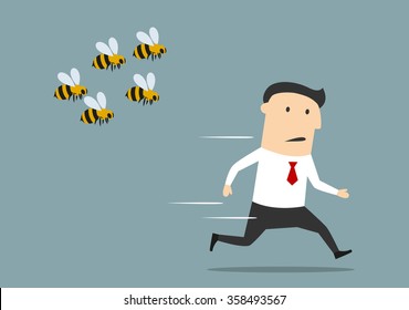 Cartoon businessman was attacked by swarm of angry wild bees and running away from dangerous insects. Insect sting allergy danger, healthcare concept design