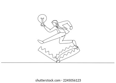 Cartoon of businessman avoid trap with good business idea lightbulb. One continuous line art style