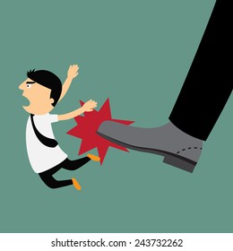 Cartoon businessman being kicked out, Layoff concept, removing employee, vector illustration.