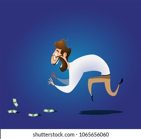 Cartoon Businessman Bends Over To Pick Up Money Lying On The Ground. Vector Illustration On Finding Easy Money And Get-rich-rich Concept. Vector