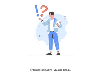 Cartoon businessman with big question mark and exclamation point. Person sure. Best choice expression. Making decision sign. Vector flat illustration