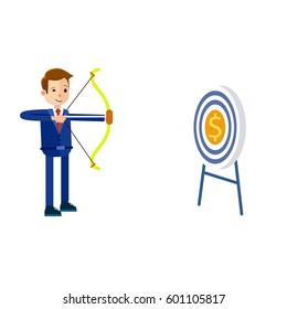 Cartoon businessman in blue suit and red tie hits target in form of dollar with bow and arrow isolated on white background. Symbolic vector illustration about how businessman easily achieves money.