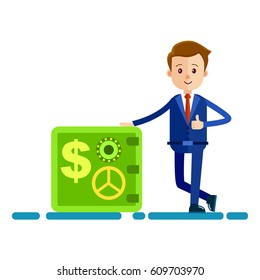 Cartoon businessman in blue suit and red tie shows big thumb up and stands near big green safe isolated on white background. Male cartoon character icon. Vector illustration of wealth and success.