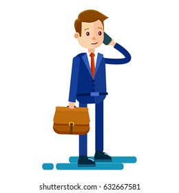 Cartoon businessman in blue suit, red tie and with brown briefcase talks by phone isolated on white background. Male cartoon flat character icon. Lifestyle of businessman vector illustration.