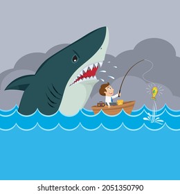 Cartoon businessman boat fishing with huge shark sneak attack, Businessman sharks concept, Illustration vector cartoon