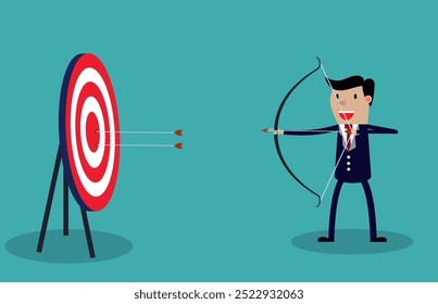 Cartoon businessman with bow and arrow hitting the center bulls-eye in archery target. Conceptual vector illustration on green background.