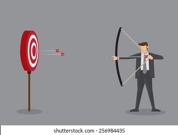 Cartoon businessman with bow and arrow hitting the center bulls-eye in archery target. Conceptual vector illustration isolated on grey background.