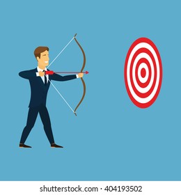 Cartoon Businessman With Bow And Arrow Hitting The Center Bulls-eye In Archery Target. Businessman Take Aim Red Arrow From A Bow In Red And White Circular Goal. Business Target And Goal Concept Vector