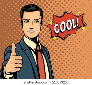 Cartoon businessman and bubble speech, thumb up gesture. Onomatopoeia man or manager with message cool in speech bubble, Business and manager theme, comic speech and smiling face expression