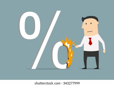 Cartoon businessman burning up percent symbol with match, for finance, banking or shopping design. Flat style