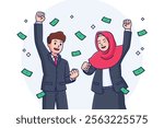 Cartoon businessman and businesswoman getting rich illustration