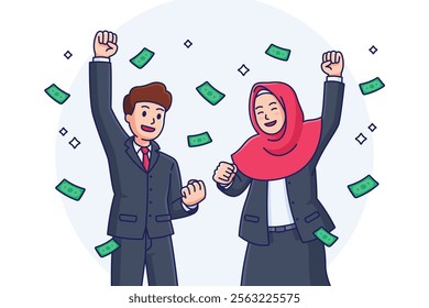 Cartoon businessman and businesswoman getting rich illustration