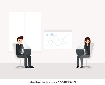Cartoon businessman and businesswoman sitting in light meeting room and typing on modern laptops. Teamwork concept. Dynamic chart analytics arrows on background vector illustration